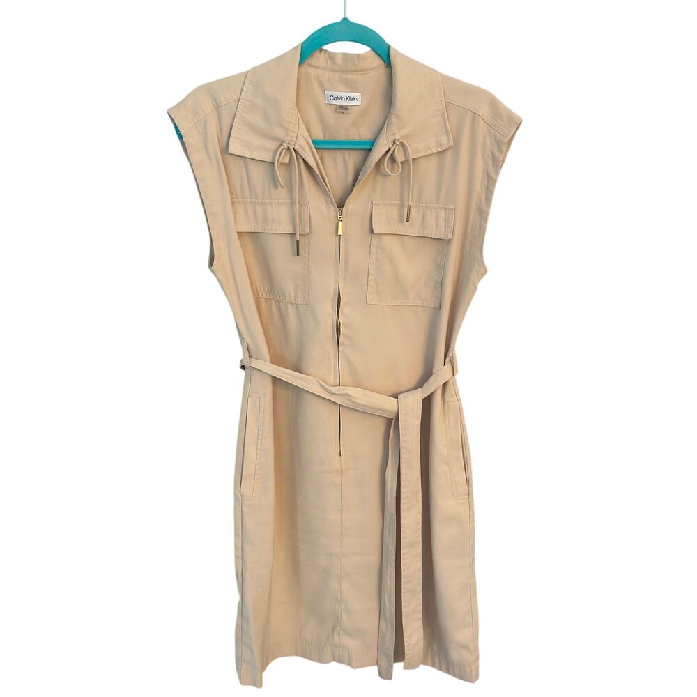 Calvin Klein Sand Utility Shirt Dress with Tie Waist – Size 6